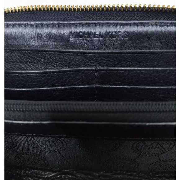 Michael Kors Black Canvas Leather Trim MK Printed Zip Around Credit Card Wallet - Picture 10 of 14